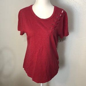 Lucky Brand laced left shoulder top size M distressing on collar sleeves hem